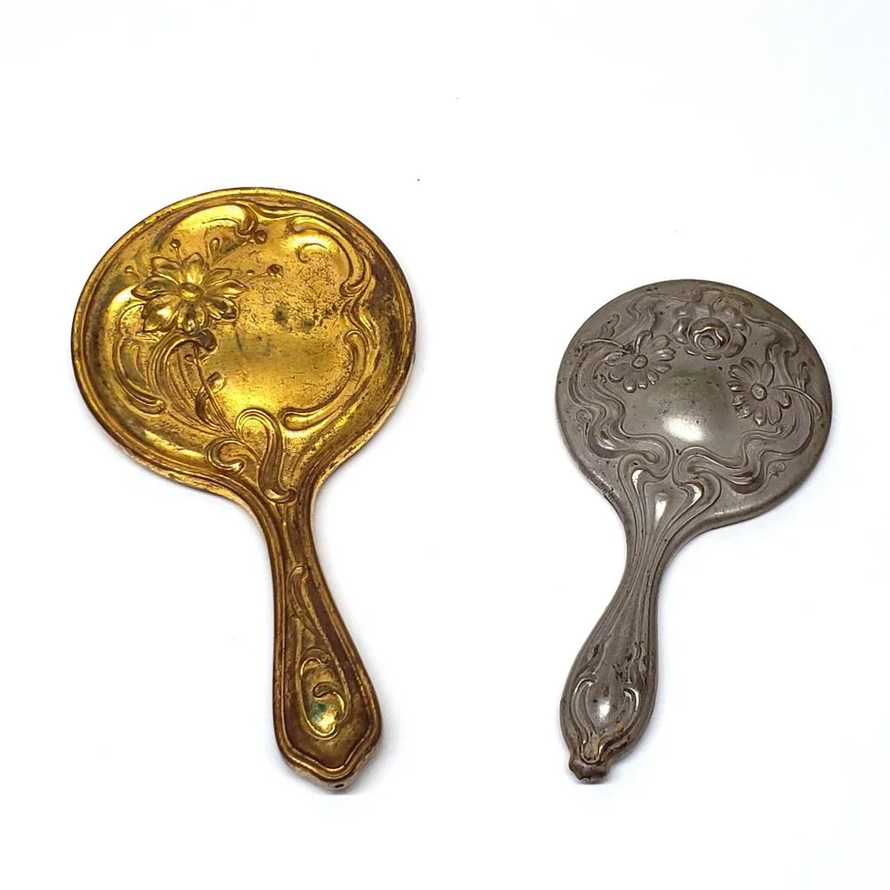 Art Noveau Vanity Mirror Lot Chatelaine Hand Beveled Antique Daisy Flower